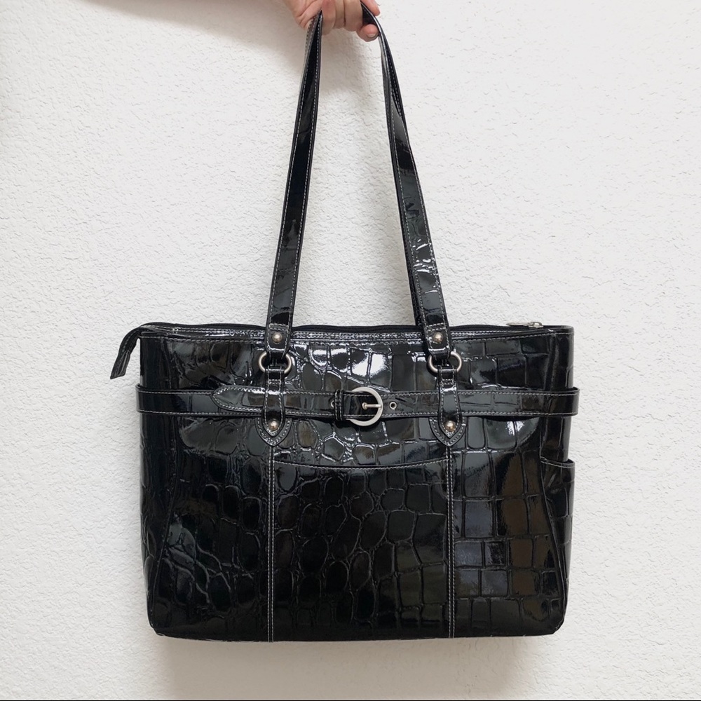 McKlein black croc patent leather laptop purse bag